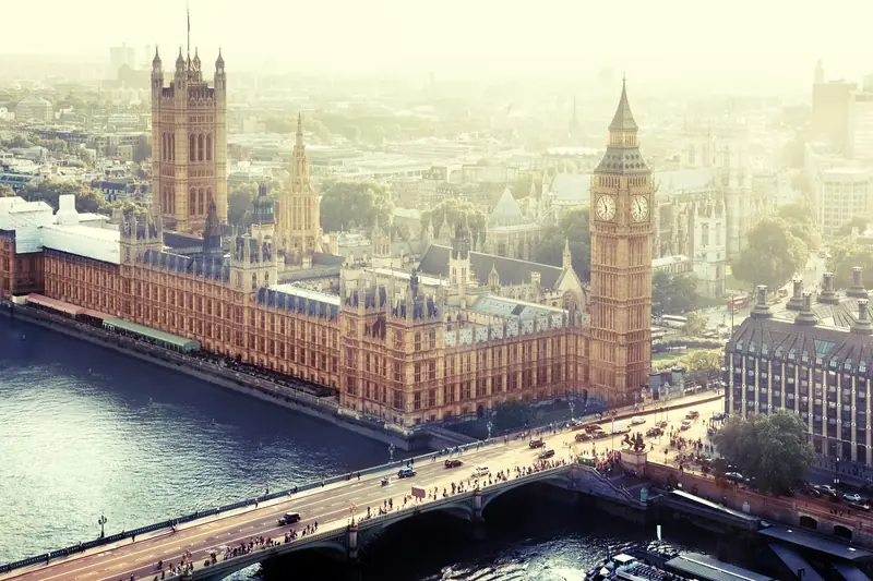 Aerial view of the Palace of Westminster, Big Ben and Westminster Bridge over the Thames in London