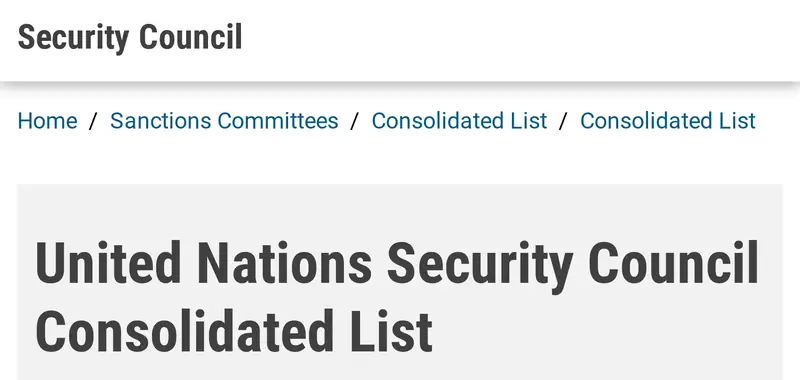 Screen capture of the official United Nations Security Council Consolidated List web page, showing the Security Council header, the breadcrumb Home / Sanctions Committees / Consolidated List and the page title United Nations Security Council Consolidated List