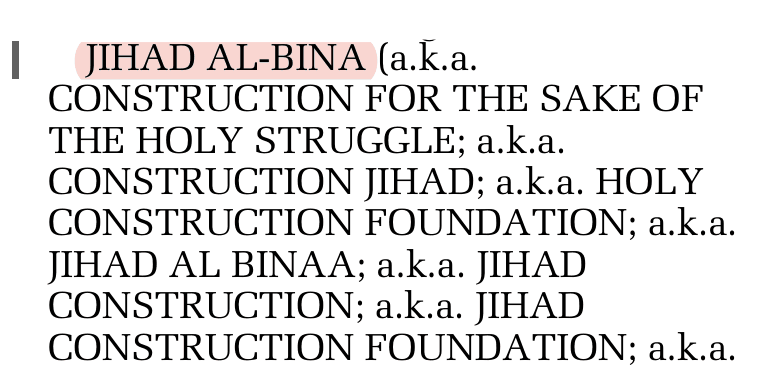 US government notice naming JIHAD AL-BINA in the Federal Register, 72 FR 8423