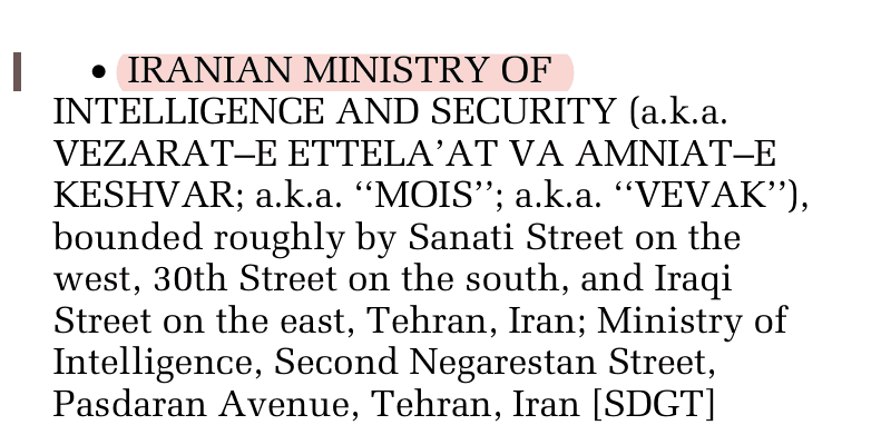 US government notice naming IRANIAN MINISTRY OF INTELLIGENCE AND SECURITY in the Federal Register, 77 FR 10808