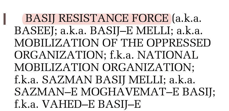 US government notice naming BASIJ RESISTANCE FORCE in the Federal Register, 76 FR 34805