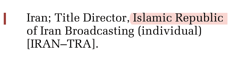 US government notice naming ISLAMIC REPUBLIC OF IRAN BROADCASTING in the Federal Register, 78 FR 11275