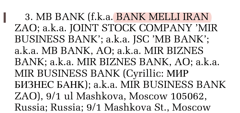 US government notice naming BANK MELLI IRAN in the Federal Register, 83 FR 61721